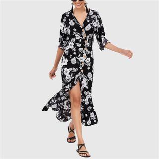 Long-sleeve Floral Print Button-up Midi Sheath Dress
