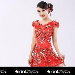Cap-sleeve V-neck Embroidered Cocktail Dress