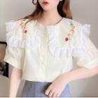 Puff-sleeve Ruffled Floral Embroidered Blouse
