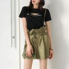 Lettering Short-sleeve Ripped T-shirt / Paperbag Wide Leg Shorts