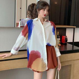 Long-sleeve Printed Blouse / Wide Leg Shorts