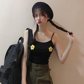 Spaghetti Strap Embroidered Flower Top Black - One Size