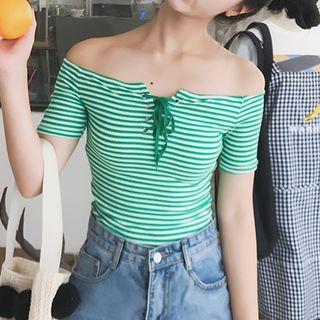Lace Up Front Striped Off Shoulder Short Sleeve T-shirt