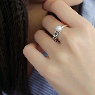 Faux-pearl Open Ring Adjustable - Silver - One Size