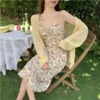 V-neck Floral Pleated A-line Dress / Plain Knit Cardigan