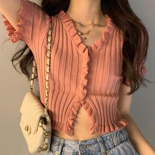 V-neck Cropped Wood Ear Trim Short-sleeve T-shirt