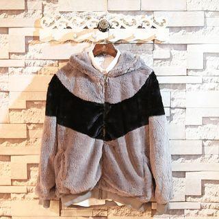 Hooded Color-block Furry Jacket