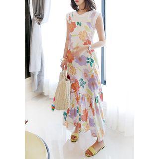 Sleeveless Frill-hem Floral Maxi Dress