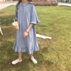 Elbow-sleeve Hooded Midi T-shirt Dress