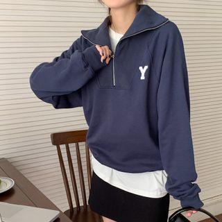 Lapel Zip Lettering Sweatshirt