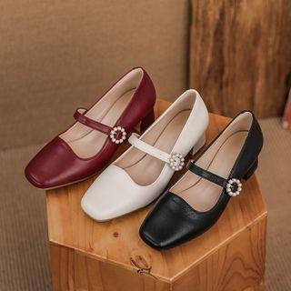 Block Heel Faux Pearl Square Toe Mary Jane Pumps