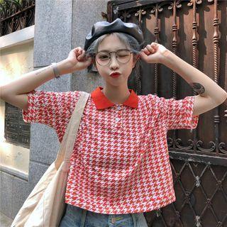Short Sleeve Houndstooth Cropped Polo Shirt