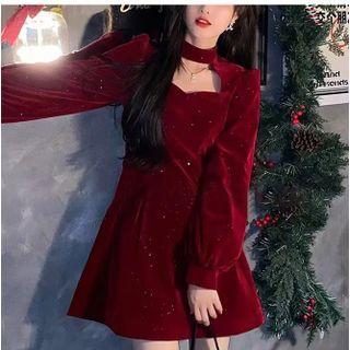 Long-sleeve Mock-neck Cutout Mini A-line Dress