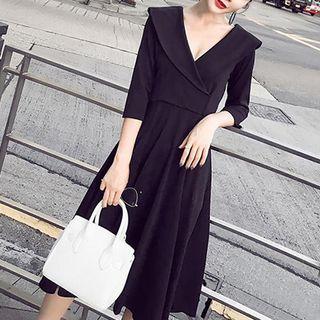 Plain V-neck Elbow Sleeve Midi Dress