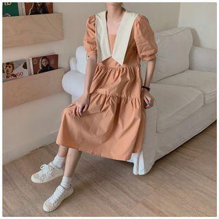 Puff-sleeve Collared Loose-fit Midi Dress