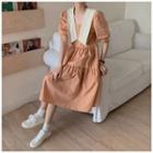 Puff-sleeve Collared Loose-fit Midi Dress