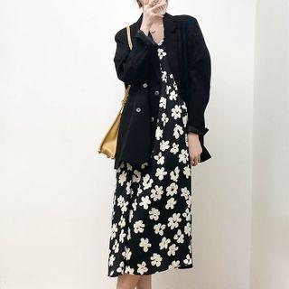 V-neck Printed Floral A-line Dress Black - One Size