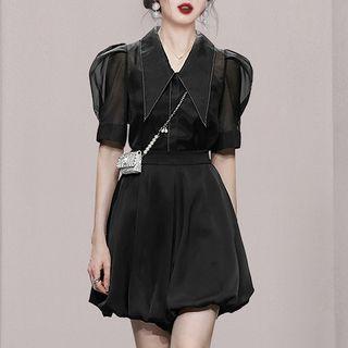 Set: Puff-sleeve Rhinestone Trim Blouse + Balloon Shorts