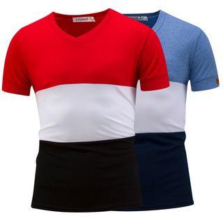 Short-sleeve Color Block V-neck T-shirt