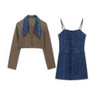 Set: Cropped Button Jacket + Spaghetti Strap Denim Mini Dress