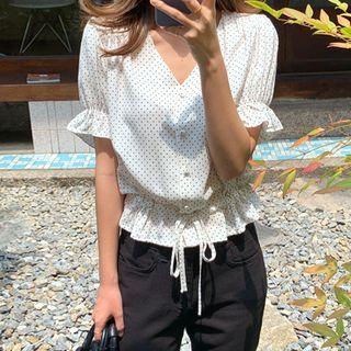 V-neck Drawstring-hem Dotted Blouse Ivory - One Size