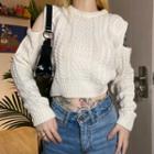 Cable-knit Cold-shoulder Cropped Sweater Off-white - One Size