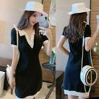 Contrast Trim Short-sleeve Knit Dress Black - One Size