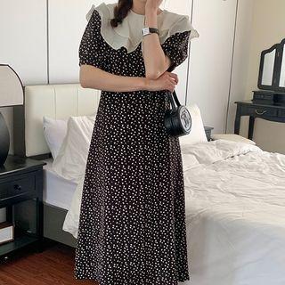 Short-sleeve Floral Collared Dress White Floral - Black - One Size
