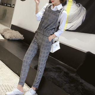 Set: Sleeveless Plaid Top + Cropped Pants + Plain Shirt