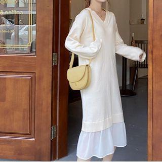Long-sleeve Panel Plain Dress