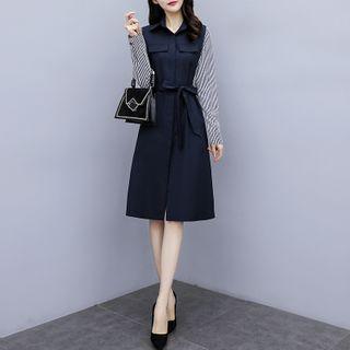 Mock Two-piece Long-sleeve Striped A-line Shirtdress
