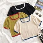 Color-block Square-neck Short-sleeve Knit Top