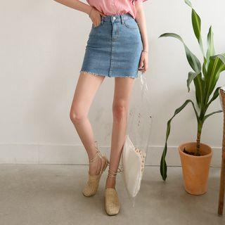 Fray-hem Denim H-line Miniskirt