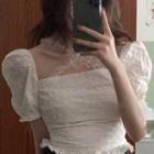 Puff-sleeve Frill Trim Eyelet Lace Crop Top White - One Size