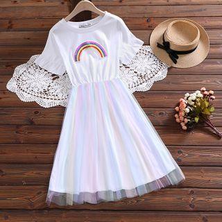 Rainbow Sequined Short-sleeve Mesh Overlay Mesh Dress