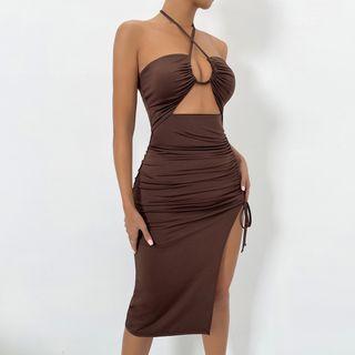Halter Cut-out Drawstring Bodycon Dress
