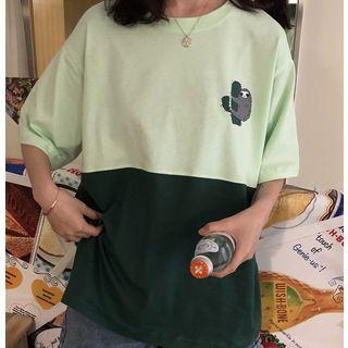 Two-tone Animal Print Elbow-sleeve T-shirt