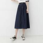 Contrast Stitching Denim Midi A-line Skirt Dark Navy Blue - One Size