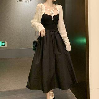 Long-sleeve Shrug / Spaghetti Strap Plain Dress
