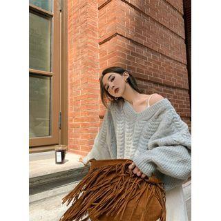 V-neck Cable Knit Sweater / Spaghetti Strap Midi A-line Dress