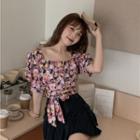 Puff-sleeve Square Neck Floral Drawstring Blouse