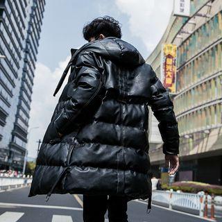 Faux Leather Hooded Padded Zip Coat