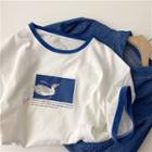 Short-sleeve Cartoon Print T-shirt Blue Trim - White - One Size