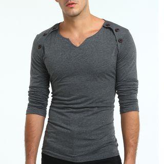 Plain V-neck Button Detail Long-sleeve T-shirt