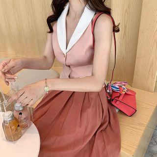 Collared Buttoned Vest / Short-sleeve Mini A-line Dress