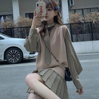 Puff Sleeve Check Shirtdress / V-neck Knit Vest / Set