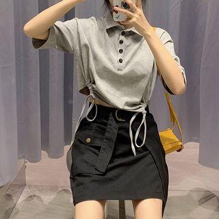 Drawstring Polo Shirt / Drawstring Waist Wrapped Skirt