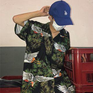 Crane Print Elbow-sleeve Shirt As Shown In Figure - One Size