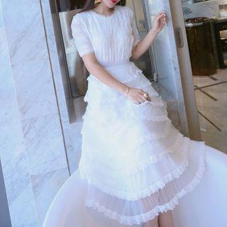 Chiffon Short-sleeve Midi Tiered Dress