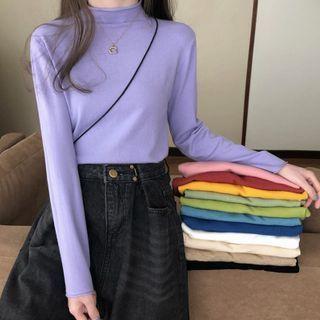 Plain Semi High-neck Long-sleeve Knit Top